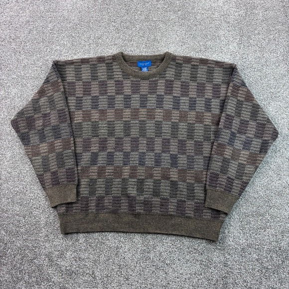 Vintage Towncraft Sweater Mens XL Beige Geometric Knit‎ Checkerboard Retro - Picture 1 of 6